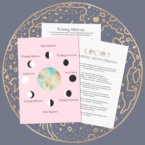 May include: A pink and white illustrated guide to the phases of the moon. The guide includes a watercolor illustration of the moon and text describing the different phases: New Moon, Waxing Crescent, First Quarter, Waxing Gibbous, Full Moon, Waning Gibbous, Third Quarter, and Waning Crescent.