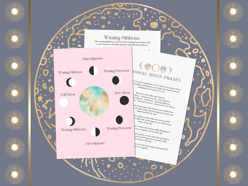 May include: A pink and white illustrated guide to the phases of the moon. The guide includes a watercolor illustration of the moon and text describing the different phases: New Moon, Waxing Crescent, First Quarter, Waxing Gibbous, Full Moon, Waning Gibbous, Third Quarter, and Waning Crescent.