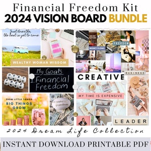 2024 Vision Board Bundle Manifest Money, Freedom & Happiness Printable PDF Mood Board for Women Inspiring Abundance Law Attraction Free Gift