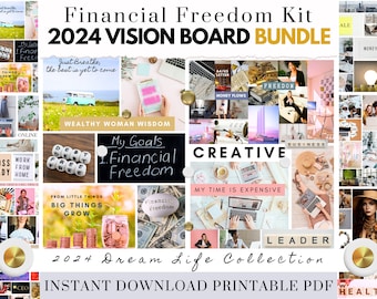 2024 Vision Board Bundle Manifest Money, Freedom & Happiness Printable PDF Mood Board for Women Inspiring Abundance Law Attraction Free Gift