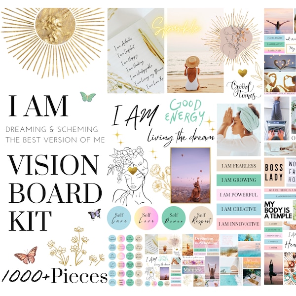 2024 Vision Board Manifest Happiness Printable PDF Mood Board for Women Inspiring Quotes Positive Affirmations Abundance Law of Attraction