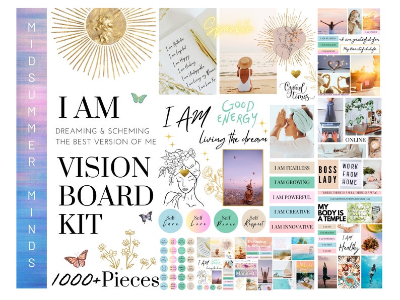 2024 Vision Board Manifest Happiness Printable PDF Mood Board for Women Inspiring Quotes Positive Affirmations Abundance Law of Attraction image 1