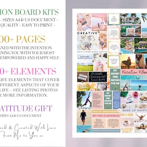 May include: A digital vision board kit with 100+ pages and 2200+ elements. The kit includes a variety of images and text, including "Creative", "She's a home based hustler", "My Goals Financial Freedom", "My Money Tree Grows For Me", "Vacation Vibes", "Wake Up Happy", and "My Time Is Expensive".