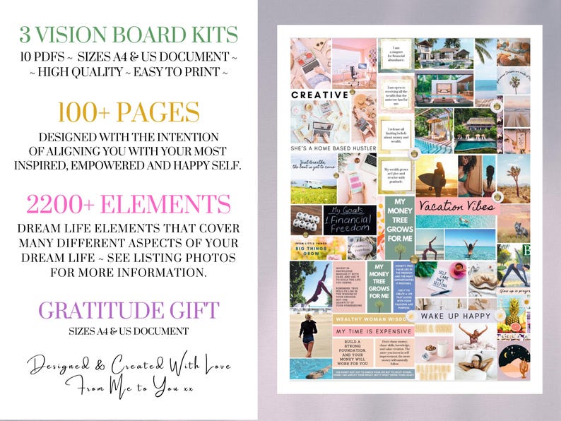 May include: A digital vision board kit with 100+ pages and 2200+ elements. The kit includes a variety of images and text, including "Creative", "She's a home based hustler", "My Goals Financial Freedom", "My Money Tree Grows For Me", "Vacation Vibes", "Wake Up Happy", and "My Time Is Expensive".