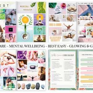Puede incluir: Un collage de im&aacute;genes relacionadas con el cuidado personal, el bienestar mental, el descanso y el crecimiento personal. El collage incluye im&aacute;genes de la naturaleza, la relajaci&oacute;n, la meditaci&oacute;n y los h&aacute;bitos saludables. El texto "SELF CARE ~ MENTAL WELLBEING ~ REST EASY ~ GLOWING & GROWING" est&aacute; en la parte superior del collage.