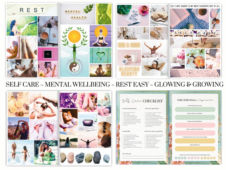 Puede incluir: Un collage de im&aacute;genes relacionadas con el cuidado personal, el bienestar mental, el descanso y el crecimiento personal. El collage incluye im&aacute;genes de la naturaleza, la relajaci&oacute;n, la meditaci&oacute;n y los h&aacute;bitos saludables. El texto "SELF CARE ~ MENTAL WELLBEING ~ REST EASY ~ GLOWING & GROWING" est&aacute; en la parte superior del collage.