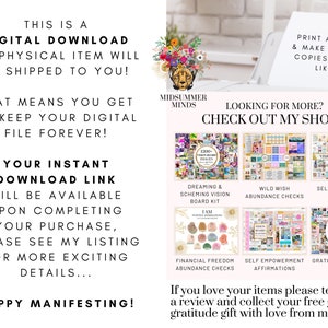 May include: A digital download product listing for vision board kits. The listing includes a variety of kits, including "Dreaming & Scheming Vision Board Kit", "Wild Wish Abundance Checks", "Self Care Vision Board Kit", "Financial Freedom Abundance Checks", "Self Empowerment Affirmations", and "Gratitude Attitude Journal". The listing also includes the text "This is a Digital Download. No physical item will be shipped to you! That means you get to keep your digital file forever! Your instant download link will be available upon completing your purchase. Please see my listing for more exciting details... Happy Manifesting!"