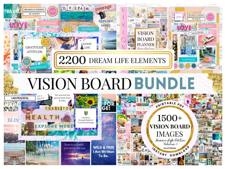 2025 Vision Board Printable PDF Manifest New Beginnings Mood Board for Women Inspirational Quotes Law of Attraction Affirmations Goal Plan image 1