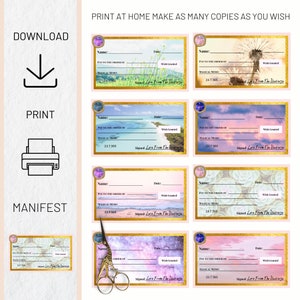 May include: Printable "Wish Granted" cheque template with a pink and blue watercolour background. The cheque has a gold border and the text "Pay to the order of" and "Magical Memo" are printed on the cheque. The cheque is signed "Love From The Universe".