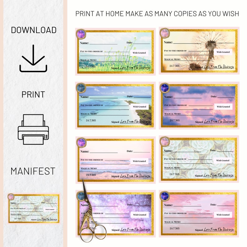 May include: Printable "Wish Granted" cheque template with a pink and blue watercolour background. The cheque has a gold border and the text "Pay to the order of" and "Magical Memo" are printed on the cheque. The cheque is signed "Love From The Universe".