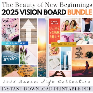 2025 New Beginnings Vision Board Bundle Happiness Printable PDF Mood Board for Women Inspiring Abundance Law Attraction Free Gift Mother