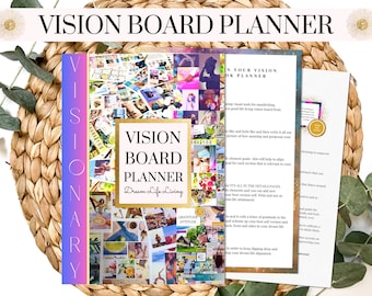 May include: A vision board planner with a collage of images on the cover. The planner has a pink and purple gradient background with the words "Visionary" in white text. The cover also features the words "Vision Board Planner" in gold text and "Dream Life Living" in black text.