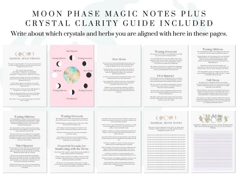 May include: A printable guide to moon phase magic with notes on crystals and herbs. The guide includes illustrations of the moon phases and text describing the different phases and their associated crystals and herbs.