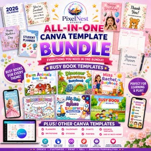 Op de afbeelding: Een digitaal pakket met Canva-sjablonen met covers voor doeboeken, planners, kalenders en uitnodigingen. De afbeelding bevat tekst zoals PixelNest Studio, All-In-One Canva Template Bundle en diverse titels voor doeboeken.