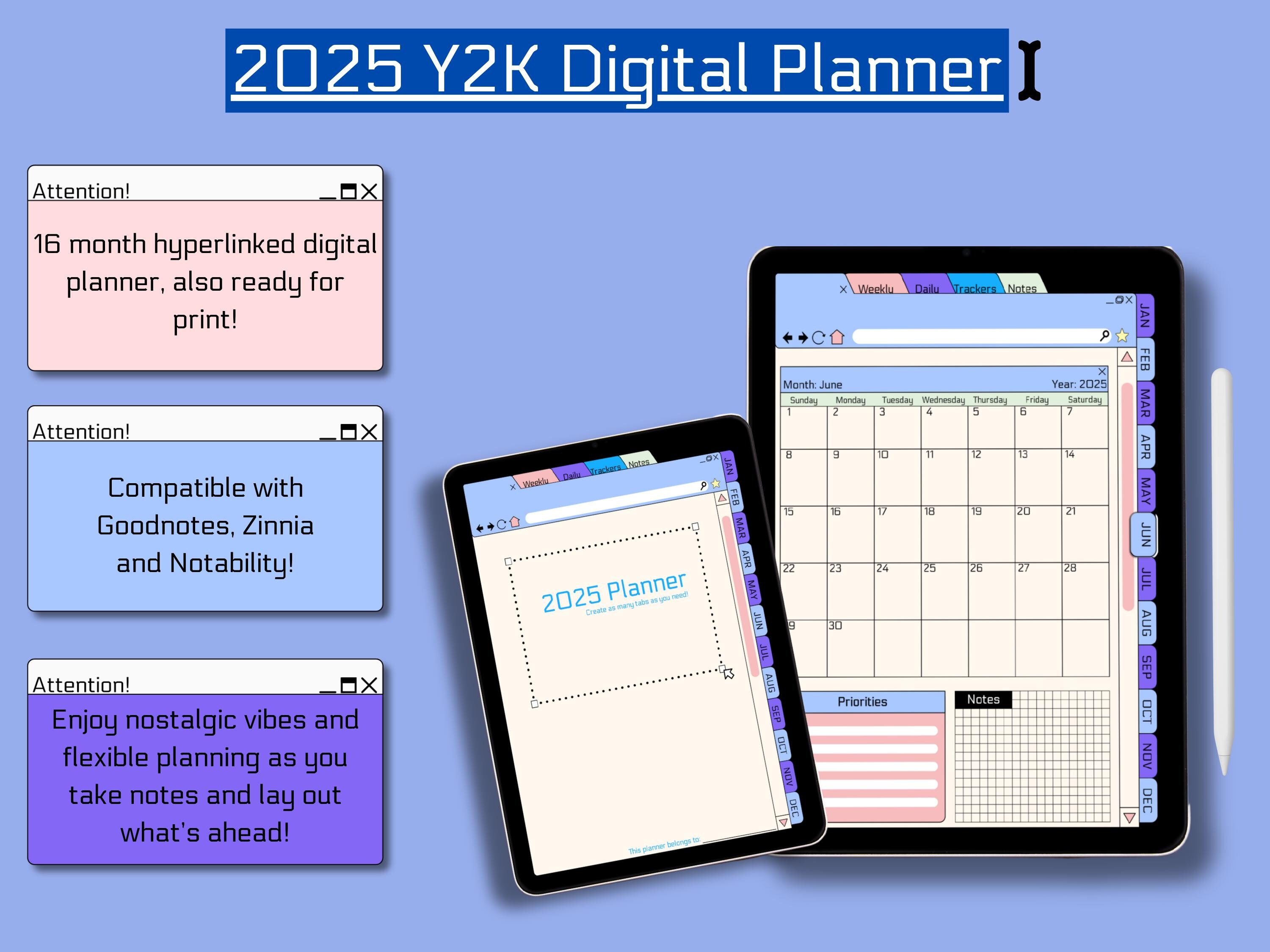 Y2K Aesthetic 2025 Digital Planner | Compatible with Goodnotes | Hyperlinked