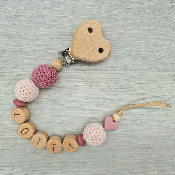 Pacifier chain with name nature pink blush wood silicone girl gift for birth baby shower