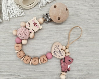 Pacifier chain with name deer heart with saying, a little bit of mom, a little bit of dad and a lot of wonder, gift for a birth wood blush