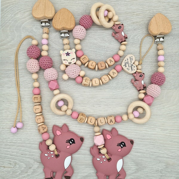 Savings set pacifier chain with name deer - stroller chain - gripping toy - natural blush pink - gift for a birth