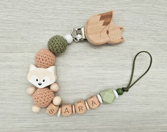 Schnullerkette mit Namen Fuchs Natur Holz Geschenk zur Geburt Babygeschenk Junge Mädchen