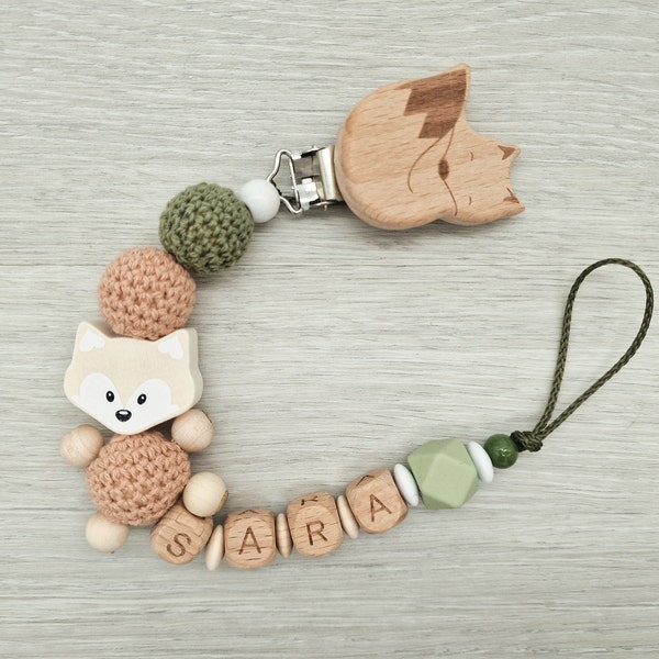 Schnullerkette mit Namen Fuchs Natur Holz Geschenk zur Geburt Babygeschenk Junge Mädchen