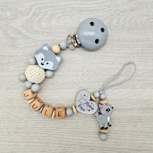 Pacifier chain with name deer heart with saying, a little bit of mom, a little bit of dad and a lot of wonder, gift for a birth wood blush Grauer Fuchskopf