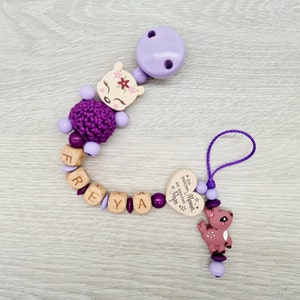 Pacifier chain with name deer heart with saying, a little bit of mom, a little bit of dad and a lot of wonder, gift for a birth wood blush Purpur/ Flieder