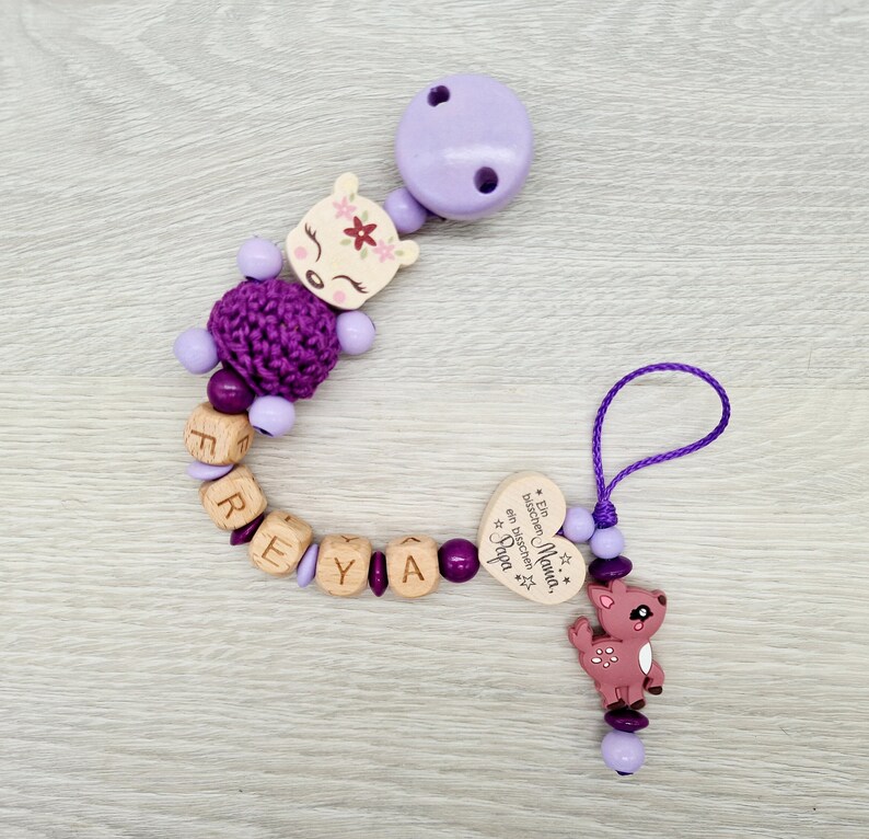 Pacifier chain with name deer heart with saying, a little bit of mom, a little bit of dad and a lot of wonder, gift for a birth wood blush Purpur/ Flieder