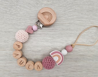 Rainbow heart pacifier chain with name | Natural Blush Pink White | Birth gift | boy | Girl