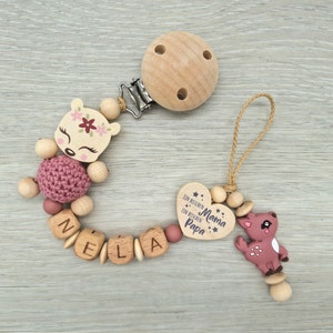 Pacifier chain with name deer heart with saying, a little bit of mom, a little bit of dad and a lot of wonder, gift for a birth wood blush Dark Pink/ Natur