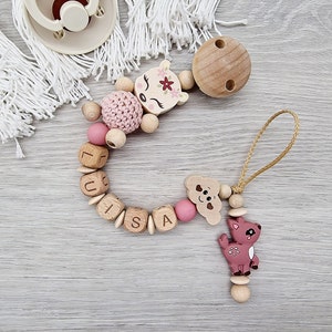 Pacifier chain with name deer heart with saying, a little bit of mom, a little bit of dad and a lot of wonder, gift for a birth wood blush Wolke