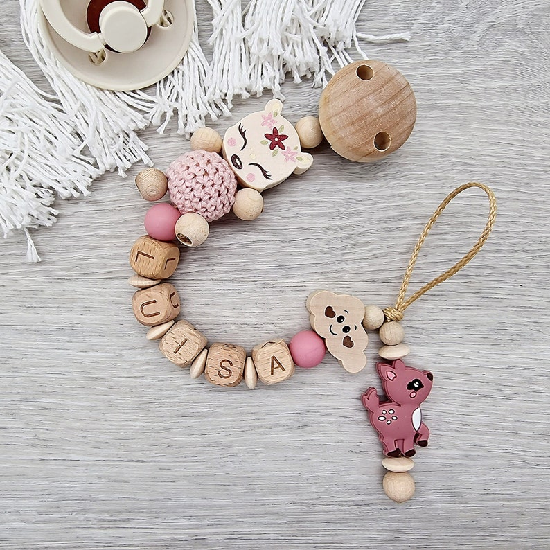 Pacifier chain with name deer heart with saying, a little bit of mom, a little bit of dad and a lot of wonder, gift for a birth wood blush Wolke