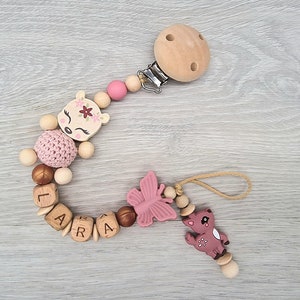 Pacifier chain with name deer heart with saying, a little bit of mom, a little bit of dad and a lot of wonder, gift for a birth wood blush Schmetterling