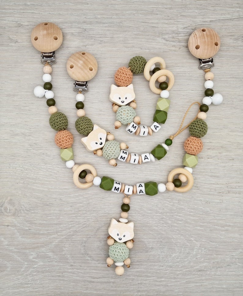 Pacifier chain with name fox gift for birth 3-er Set