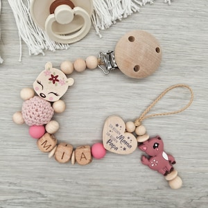 Pacifier chain with name deer heart with saying, a little bit of mom, a little bit of dad and a lot of wonder, gift for a birth wood blush Rosa/ Sakura/ Natur