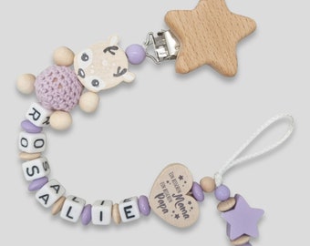 Schnullerkette mit Namen - Reh-Weiß-Flieder-Natur- Geschenk zur Geburt Babygeschenk Farbe individuell anpassbar
