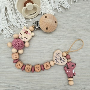 Pacifier chain with name deer heart with saying, a little bit of mom, a little bit of dad and a lot of wonder, gift for a birth