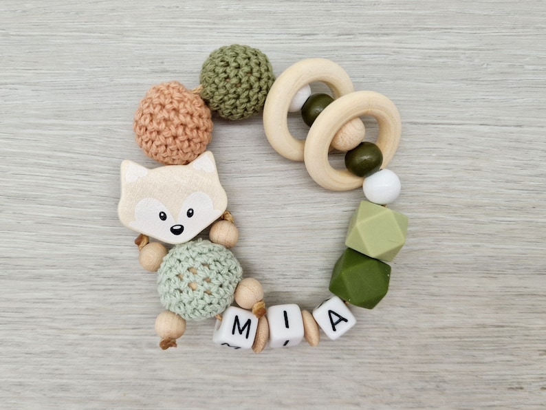 Pacifier chain with name fox gift for birth Greifring