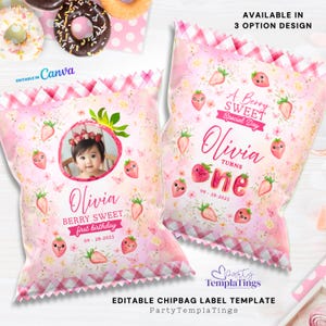 May include: Pink chip bag label template with strawberry illustrations and the text "Olivia Berry Sweet first birthday". The design includes a photo of a baby and the text "Olivia turns one".