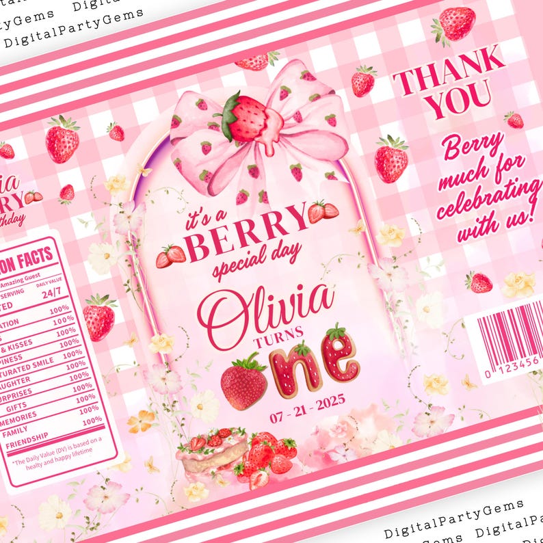 May include: A pink and white birthday party favor bag with a strawberry theme. The bag features the text "It's a BERRY special day Olivia turns one" and "Thank You". The design includes strawberries, a bow, and floral accents.