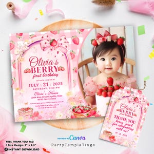 Op de afbeelding: Een roze en witte uitnodiging en bedankje set voor een eerste verjaardag. De uitnodiging bevat de tekst "Olivia's Berry First Birthday" met aardbei- en strikaccenten. Het bedankje zegt "Thank you berry much".