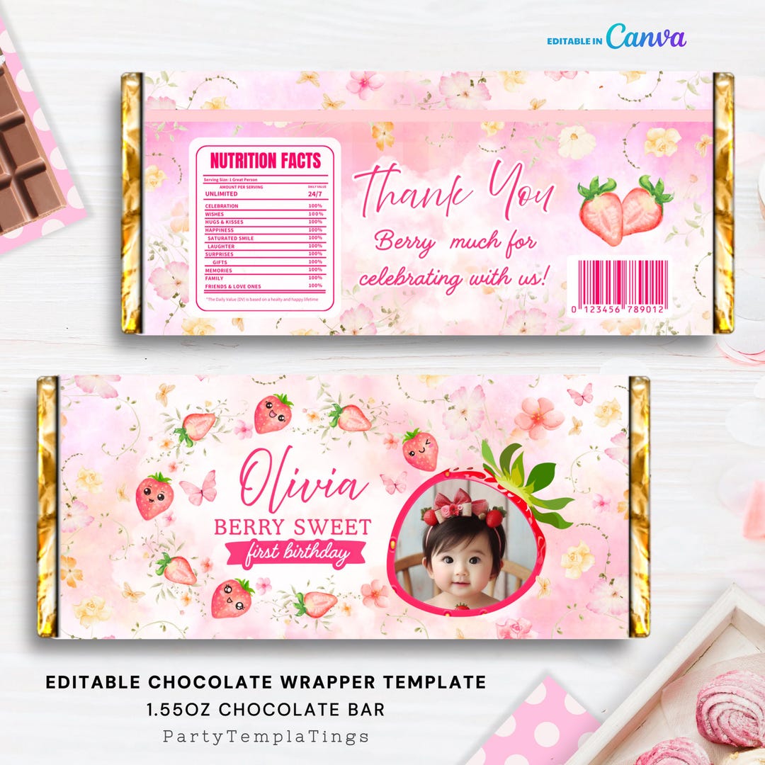 Berry Sweet First Birthday Chocolate Bar Wrapper Strawberry Party Favor ...
