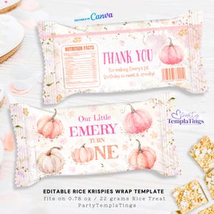 Peut inclure: Deux emballages de barres de riz soufflé avec un motif floral et des citrouilles roses. Le wrapper du haut dit "Merci" et celui du bas dit "Our Little Emery Turn One". Les emballages sont conçus pour une fête d'anniversaire.