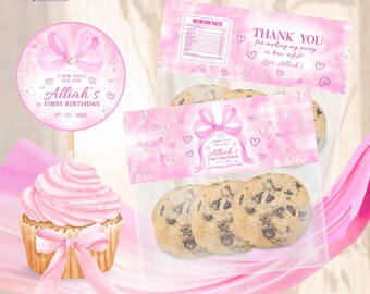 Bolsa de regalo con lazo rosa y adornos para cupcakes. Adornos para cupcakes con lazo rosa Coquette. Etiqueta de regalo con lazo imprimible para recuerdos de fiesta. Plantilla editable de Canva G02A.