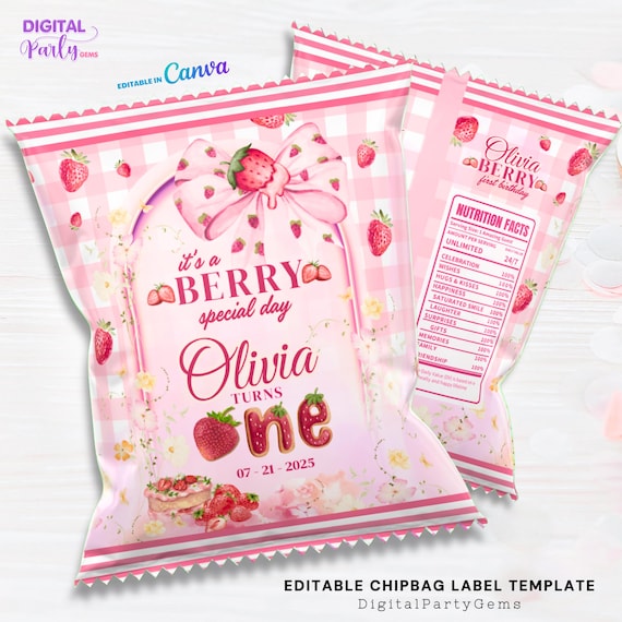 Editable Berry First Birthday Chip Bag Template, Berry 1st Birthday Party Favors, Baby Girl Strawberry Gift Bag, Printable Canva Design G01A
