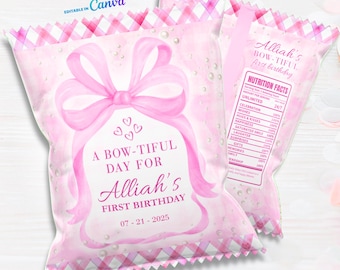 Pink Bow Birthday Chip Bag Wrapper Coquette Pink Bow Party favor Chip Bag Ribbon Bow Party Printable Favor Bag Editable Canva Template G02A