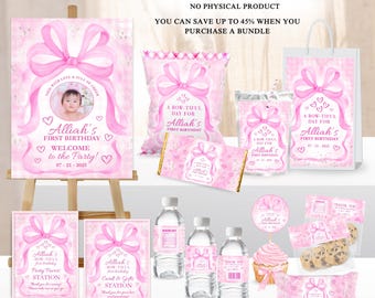 Paquete de lazo rosa para fiesta de cumpleaños, paquete de lazo rosa coqueto, lazo de cinta, decoración imprimible para fiesta, conjunto de fiesta, plantilla Canva editable G02A