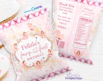Editable Fairy First Birthday Chip Bag Template, Fairy Garden Enchanted Party Favors, Baby Girl Fairies Party Gift Bag, Canva Template G04A