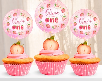 Berry Sweet First Birthday Cupcake Topper Strawberry Party Topper Printable Berry 1st Round Tag Favor Label Editable Canva Template G01B