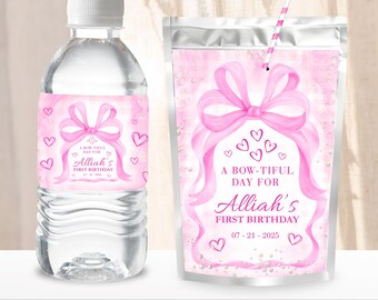 Pink Bow Water Bottle Wrapper & Juice Pouch Label Coquette Pink Bow Party Favor Printable Pink Ribbon Bow Label Editable Canva Template G02A