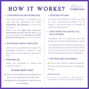 May include: A purple and white graphic with the text "HOW IT WORKS?" and instructions for digital file purchases. The text explains how to download, access Canva templates, personalize, and print the files. It also addresses sharing and refunds.